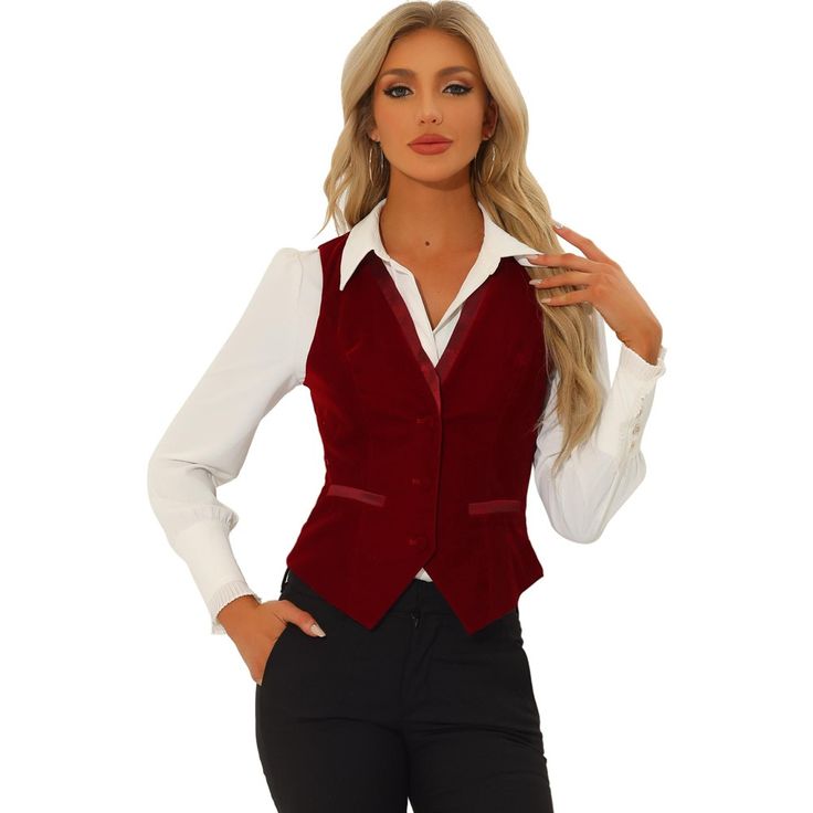 Pair with the solid color blouse or ruffle neck shirt for a casual business style. In this vintage solid color velvet fabric design, this vest is classic and timeless for your daily outfits. Classic OL style, fit for office and other formal occasions. Retro contrast satin with velvet can show your elegance and more charming, making you look more and more capable. Burgundy Vest Outfits For Women, Red Vest Suit, Red Vest Outfits For Women, Elegant V-neck Vest In Solid Color, Elegant V-neck Solid Color Vest, Fitted Retro Red Vest, Red Vest Outfit, Pink Capsule Wardrobe, Retro Fitted V-neck Vest