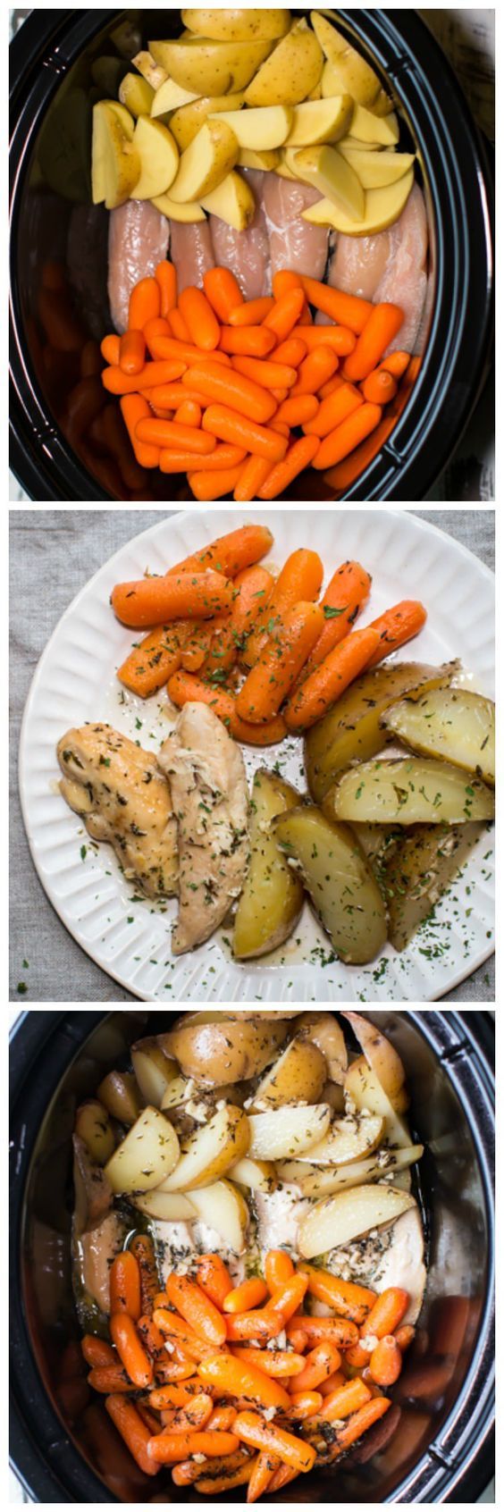 three pictures showing the steps to make chicken and carrots in an instant pressure cooker