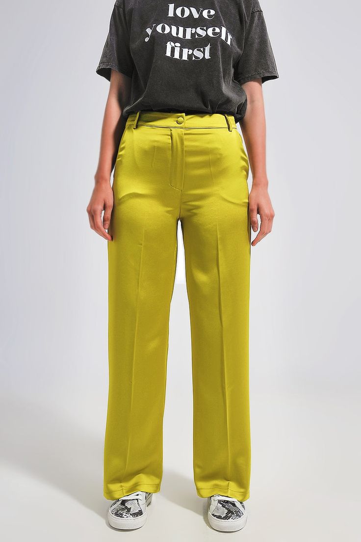 Wide leg satin pants in lime green Szua Store Green Pants Outfit Work, Green Trousers Outfit, Satin Pants Outfit, Lime Green Pants, Pants Outfit Work, Green Pants Outfit, Full Length Pants, Trouser Outfit, Satin Trousers