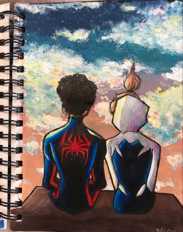 a drawing of two people looking at the sky