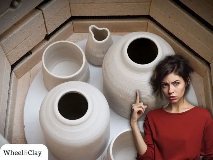 a woman standing next to several white vases with holes in the middle and one pointing at her finger