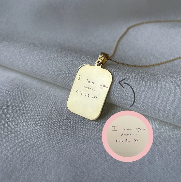 This beautiful 14K gold plate 925 sterling silver custom handwriting plate necklace is the perfect way to remember a loved one or commemorate a special moment. The pendant features your actual handwriting, engraved for a truly personal touch.  This necklace makes for a heartfelt and meaningful gift for yourself or a loved one. The necklace will be a cherished memory for years to come. Show off your unique style and wear a piece of your own personal history around your neck. Order now and make a Engraved 14k Gold Name Necklace For Anniversary, Gold Name Necklace With Engraving For Mother's Day, Rectangular Engraved Text Jewelry For Anniversary, Rectangular Jewelry With Engraved Text For Anniversary, Rectangular Necklaces With Engraved Text For Anniversary Gift, Custom Engraved Pendant Necklace For Anniversary, Gift Nameplate Necklace With Engraved Text, Rectangular Engraved Name Necklace For Mother's Day, Mother's Day Engraved 14k Gold Custom Necklace