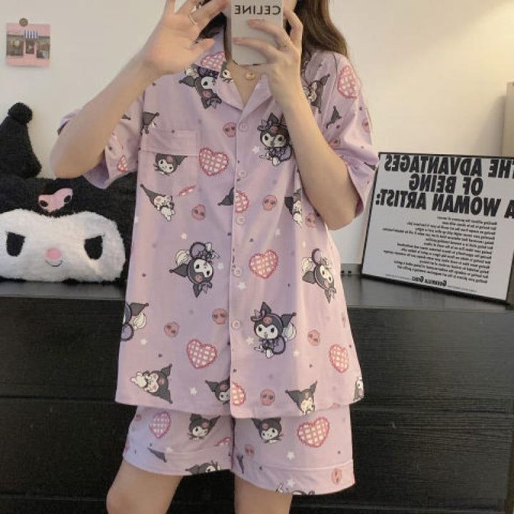 Stay cozy and stylish with the Kawaii Sanrio Pajama Set. This pajama set is made of quality cotton fabric for ultimate comfort and softness. Featuring designs from Sanrio's most popular characters, including Hello Kitty, Kuromi, Pochacco, Cinnamoroll, and My Melody, this set will bring a smile to your face every time you slip it on. Cinnamoroll And My Melody, Cozy Anime, Sanrio Clothes, Sanrio Fashion, Bright Floral Dress, Interesting Outfits, Kawaii Sanrio, Fashion Top Outfits, Short Cardigan