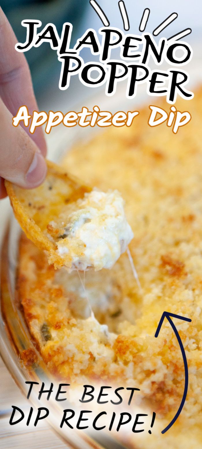 a person dipping cheese on top of a casserole dish with the words jalapeno popper appetizer dip