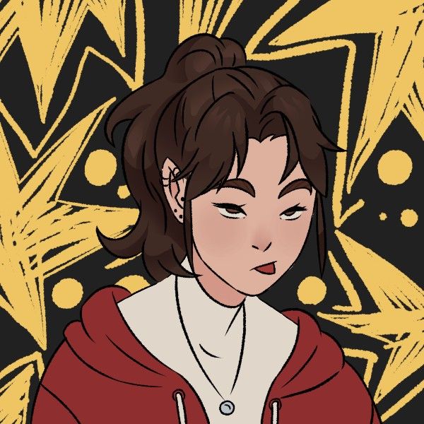 a drawing of a woman with brown hair wearing a red hoodie