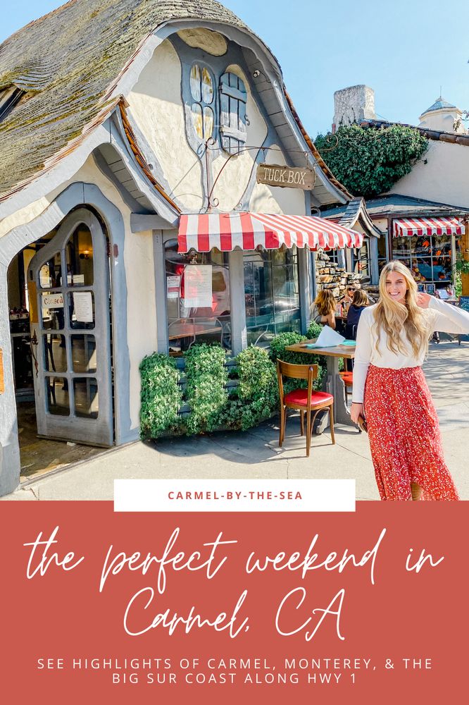 a woman standing in front of a small building with the words, the perfect weekend in carmel