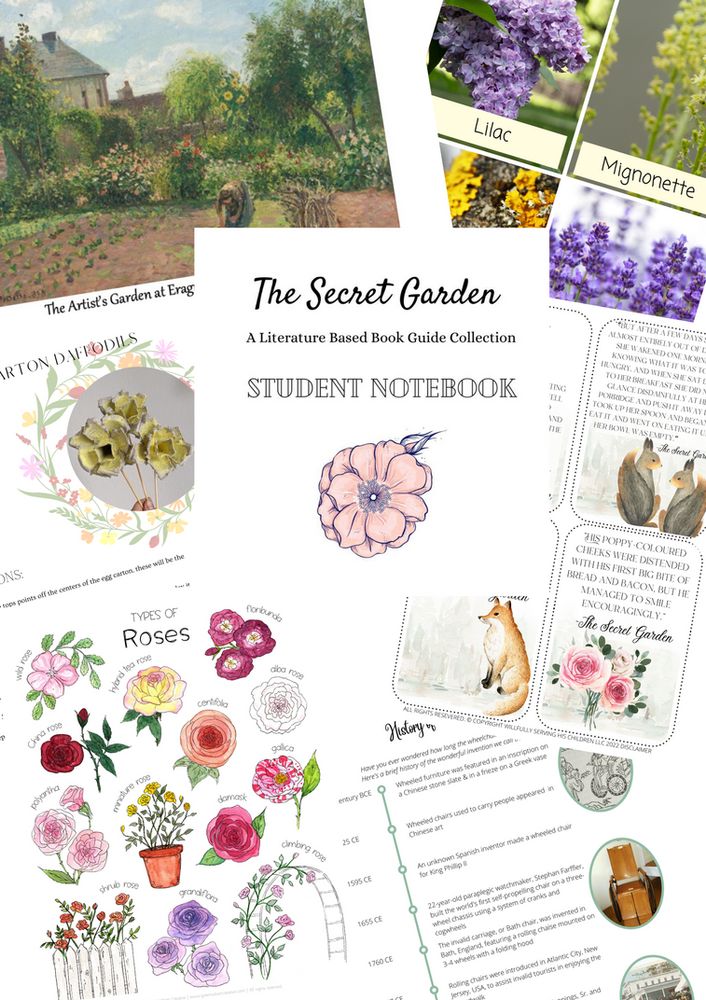 the secret garden student notebook with pictures and text on it, including flowers in pots