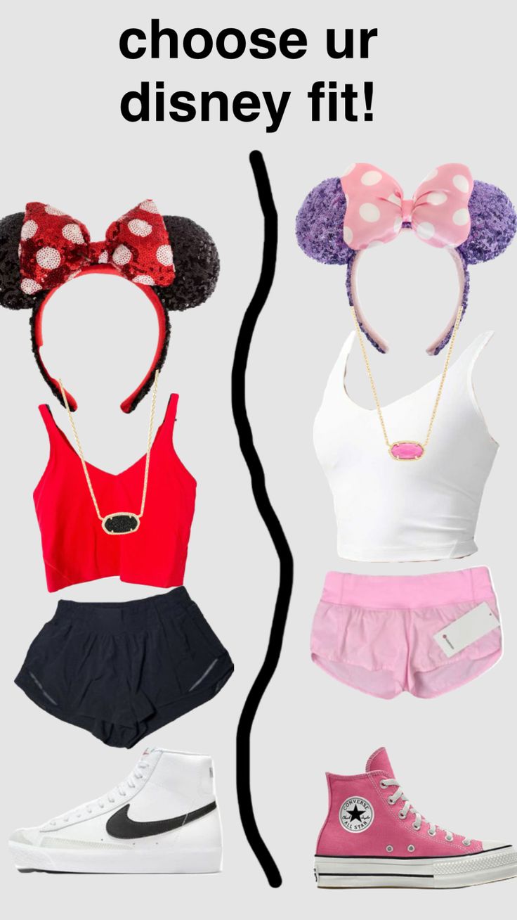 two different outfits with minnie mouse ears on them and the words choose up disney fit