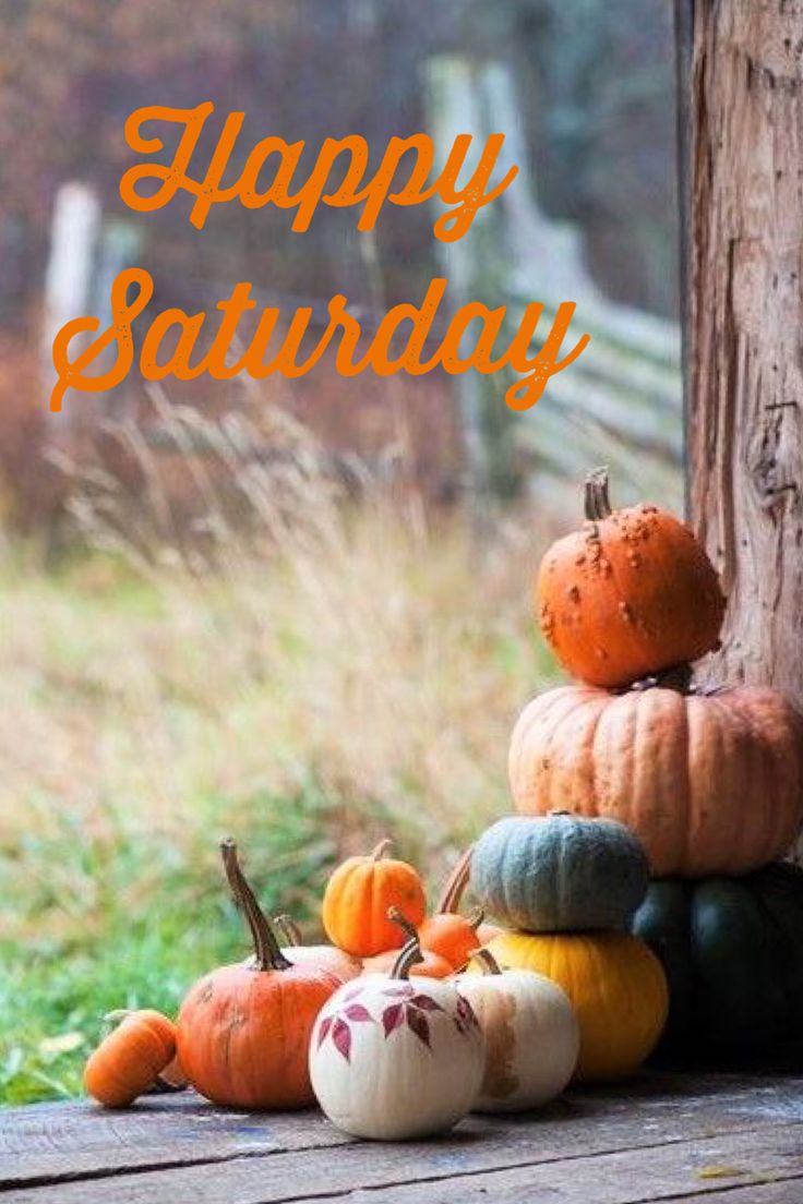 pumpkins stacked on top of each other with the words happy saturday