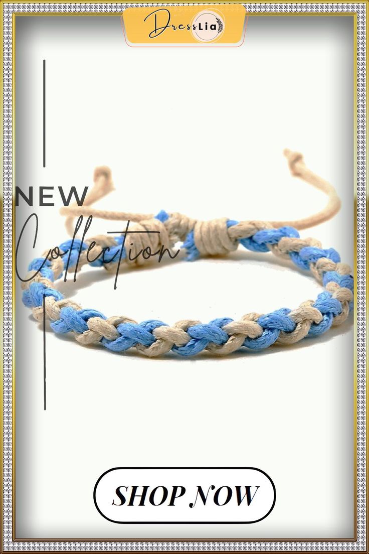 two blue and white braided bracelets with the words new collection shop now on it