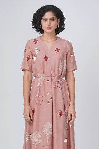 Almond cotton chanderi dress with hakoni house, trees and birds block prints and embroidery. - Aza Fashions Cotton V-neck Dress With Resham Embroidery, Festive Pink Block Print Dress, Festive V-neck Block Print Dresses, Festive V-neck Dress With Block Print, Chanderi Dress, House Trees, Beige Dresses, Dress For Women, Women Dresses