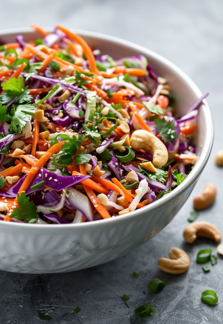 a salad with carrots, cabbage and cashews is in a white bowl