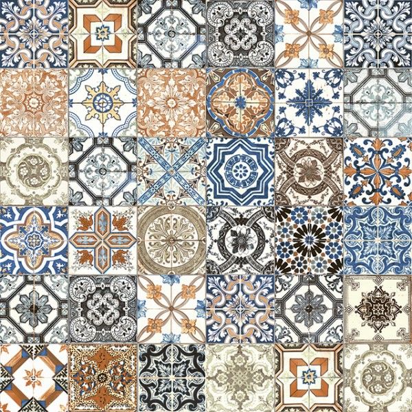 an abstract pattern with many different colors and designs on the surface, including blue, brown,