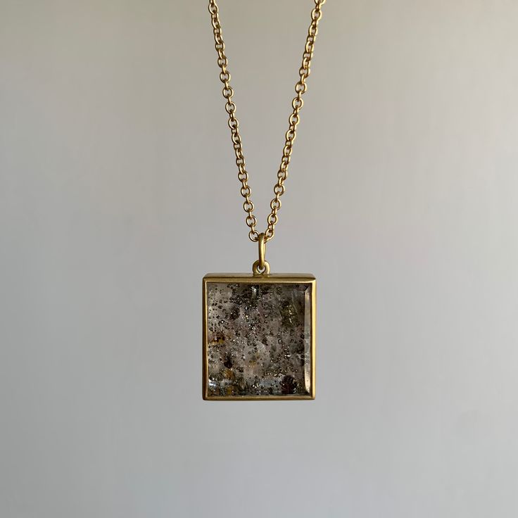 This pyrite-speckled quartz creates a window into the history of the stone's formation. 18k yellow gold Pyrite, 17.38 carats, 15mm x 17mm (9/16" x 11/16") Chain is 18" long Cube Pendant, Newport Ri, Study Style, Arts And Crafts Movement, Clothes Horse, American Art, Newport, The History, Jewelry Art