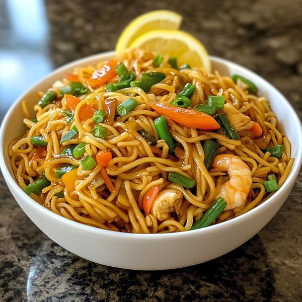 a bowl filled with noodles and vegetables on top of a table next to a lemon wedge