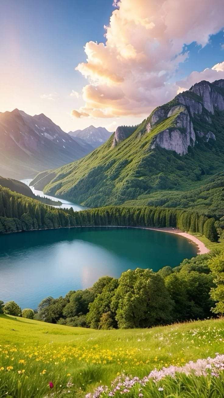 a mountain lake surrounded by lush green trees and flowers in the foreground, with mountains in the background