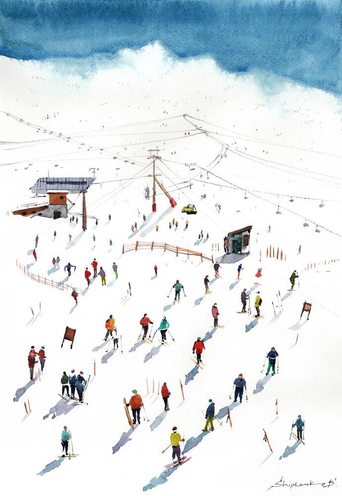 a painting of many people skiing in the snow