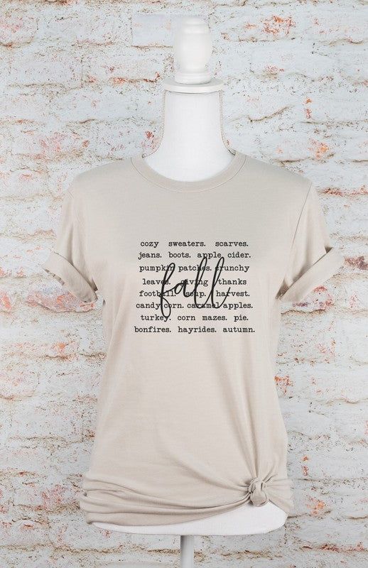 Fall Words Graphic Tee Combining comfort and style, the PLUS Fall Words Graphic Tee is the perfect addition to your wardrobe. Made with high-quality materials, this tee ensures long-lasting wear and comfort. With its trendy fall-inspired design, you'll be turning heads while expressing your love for the season. Upgrade your wardrobe with this must-have tee.100% combed and ring spun cotton Unisex Tee Relaxed Fit T-shirt For Everyday Fall, Everyday Fall T-shirt With Letter Print, Everyday Cotton T-shirt For Fall, Soft-washed Casual T-shirt For Fall, Comfortable Cotton T-shirt For Fall, Fall Comfortable White Top, Soft-washed Comfort Fit T-shirt For Fall, Soft-washed Comfortable T-shirt For Fall, Cotton Tops For Casual Gatherings In Fall