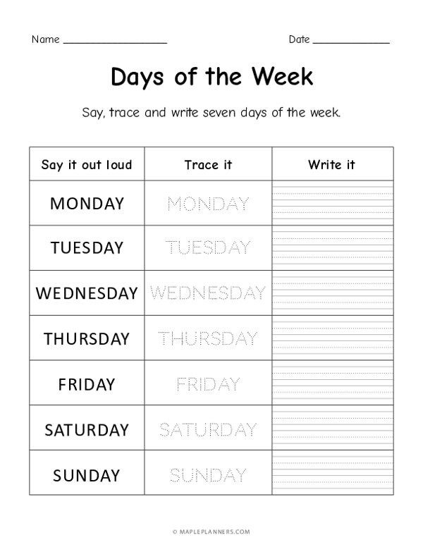 the days of the week worksheet for students to practice their writing and spelling skills