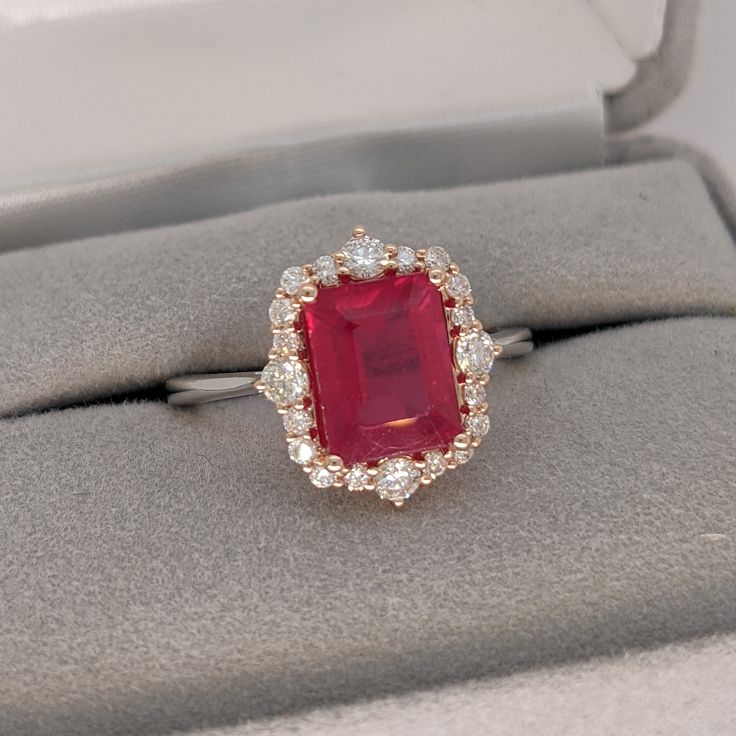 Red Ruby Ring W Diamond Halo in Solid 14k White Yellow Rose - Etsy Gia Certified Rose Gold Cubic Zirconia Rings, Gia Certified Rose Gold Diamond Jewelry, Ruby Jewelry With Diamond Accents, Emerald Cut, Rose Gold Ruby Cluster Ring With Gemstones, Emerald Cut Ruby Jewelry With Diamond Accents, Gia Certified Rose Gold Diamond Ring, Fine Jewelry Ruby Ring With Radiant Cut Diamond, Rose Gold Emerald-cut Jewelry With Halo Setting, Moissanite Ruby Ring For Formal Occasions