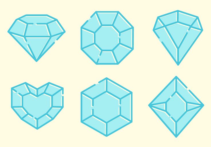 six different shapes of diamonds on a light blue background, each with a diamond in the middle