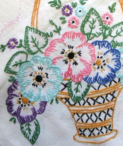 an embroidered piece of cloth with flowers in a basket