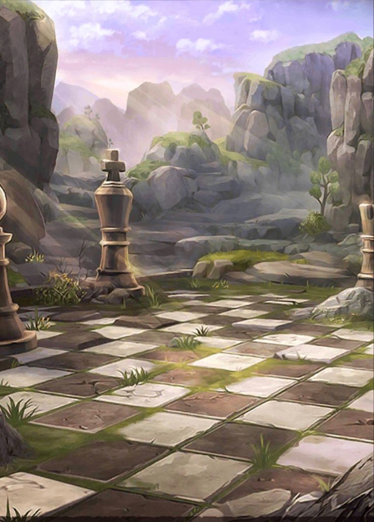 a painting of a chess board in the middle of a rocky area with rocks and grass