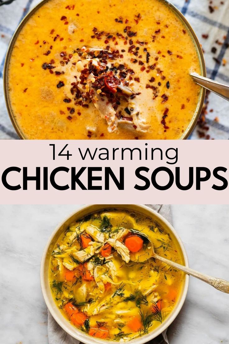 chicken soup with carrots and other ingredients in bowls