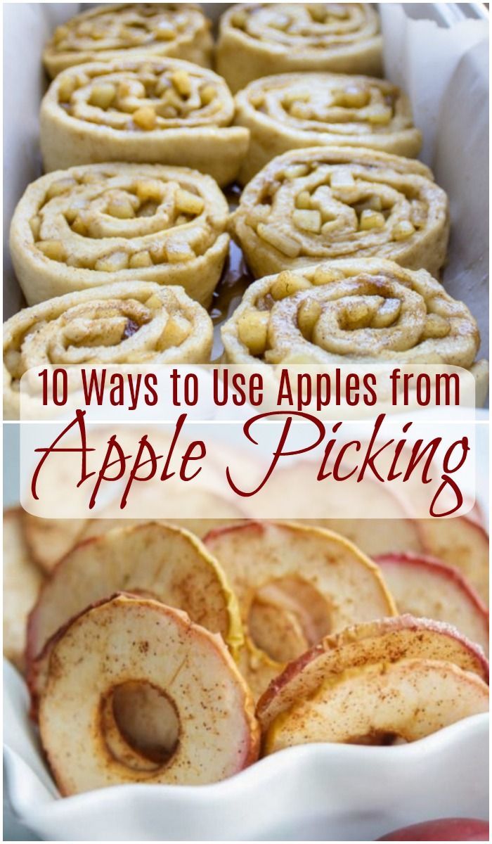 apple pies with cinnamon rolls in the background and text overlay that reads 10 ways to use apples from apple picking