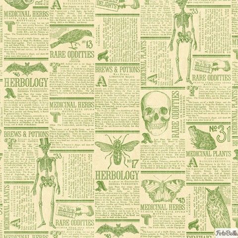 an old newspaper with green and white images on the front page, including a skeleton