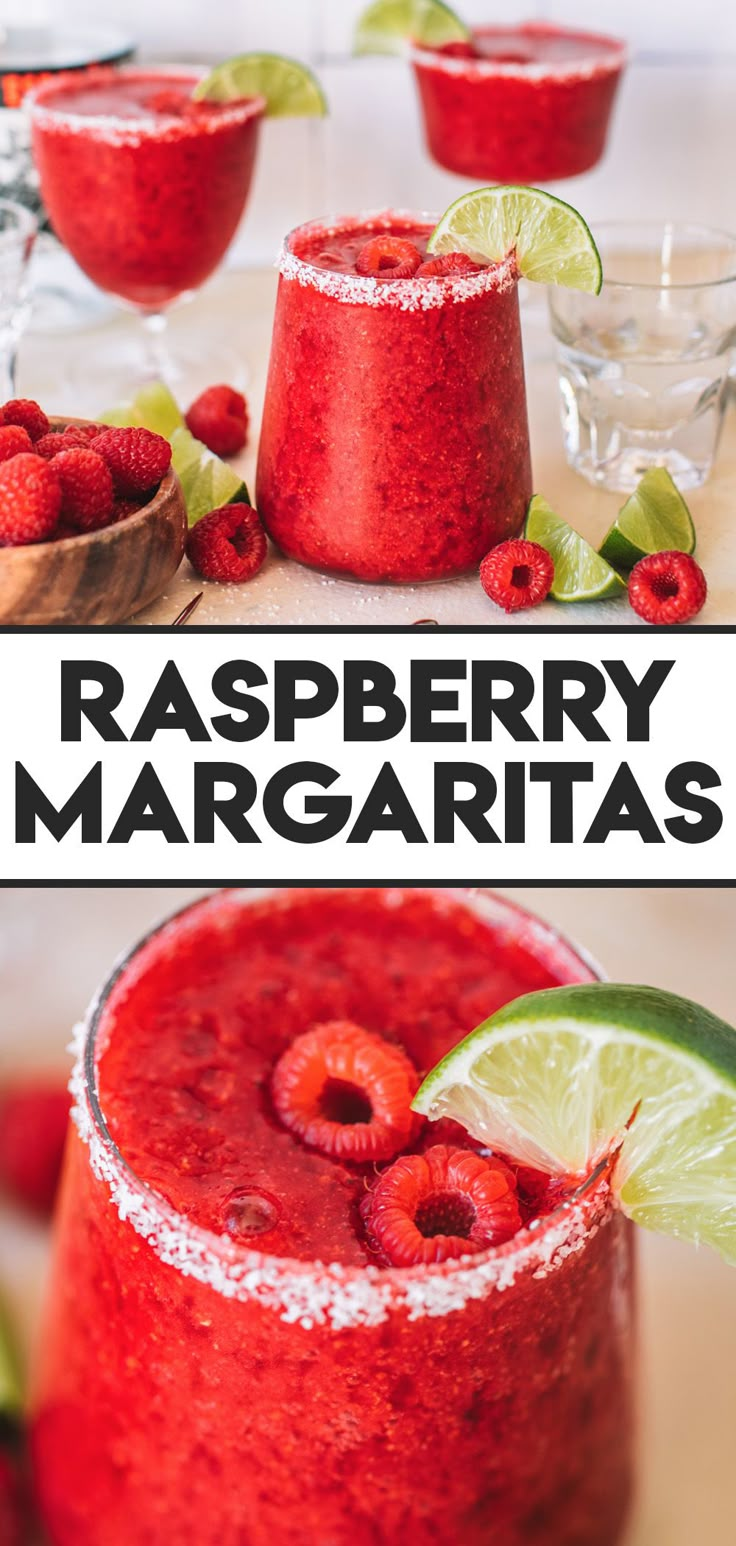 raspberry margaritas in glasses with lime slices and strawberries on the rim