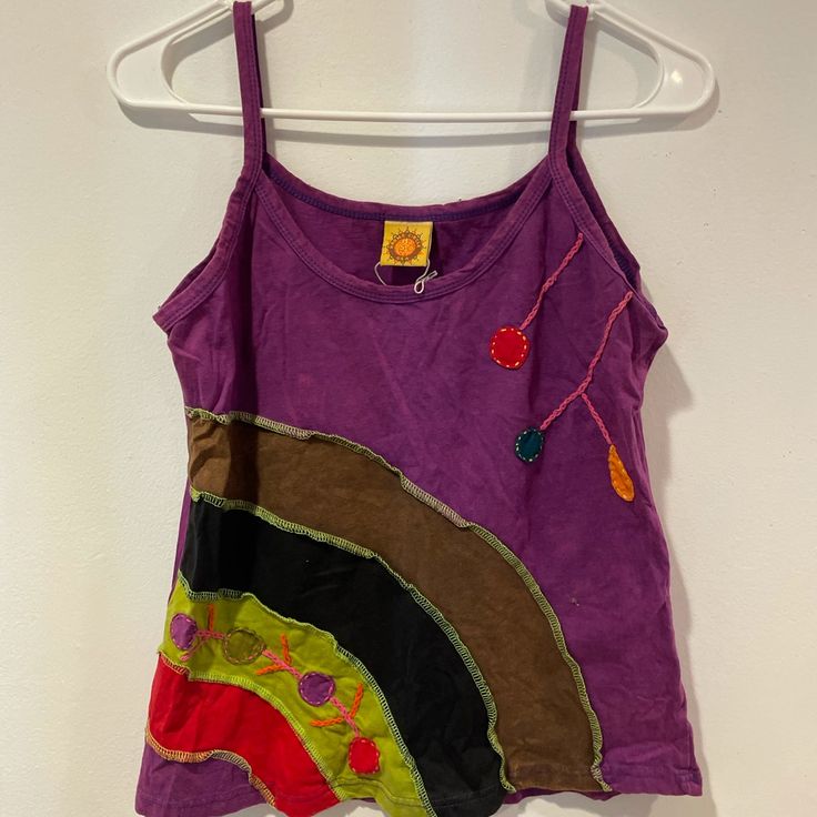 This Tank Is So Unique With Its Patch Work. It Was Made In Nepal :) Never Worn. New Without Tags Purple Cotton Tank Top For Spring, Casual Purple Festival Tops, Bohemian Lavender Cotton Tops, Fun Purple Summer Top, Fun Purple Cotton Tops, Casual Multicolor Patchwork Tank Top, Y2k Multicolor Sleeveless Tops, Purple Bohemian Cotton Top, Casual Purple Cotton Tank Top