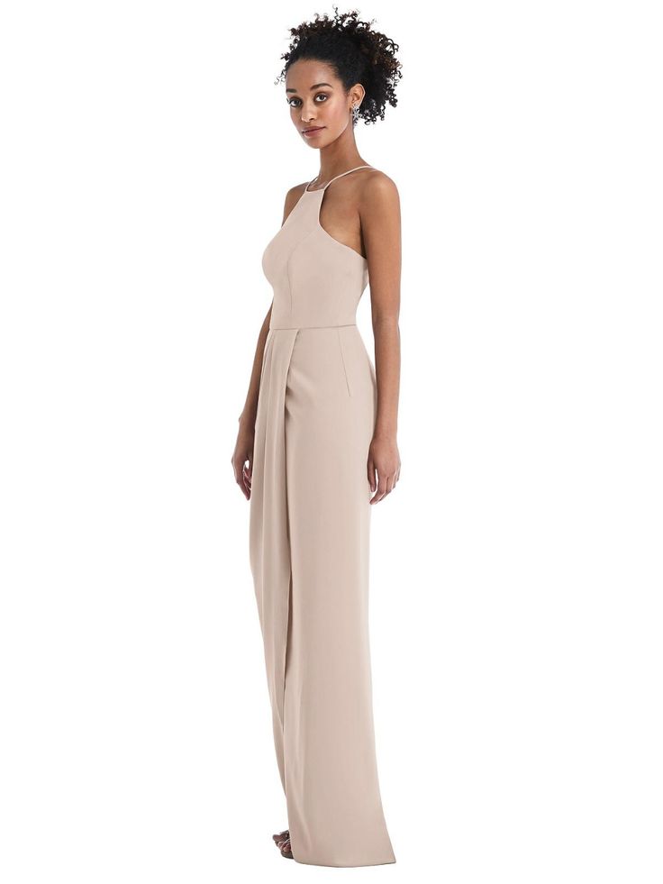 Halter Draped Tulip Skirt Maxi Bridesmaid Dress | The Dessy Group Elegant Asymmetrical Beige Maxi Dress, Elegant Beige Asymmetrical Maxi Dress, Elegant Draped Maxi Dress With Pleated Back, Pre-draped Chiffon Maxi Dress With Fitted Bodice, Chic Crepe Maxi Dress, Elegant Flowy Full-length Maxi Dress, Elegant Draped Maxi Dress For Wedding Guest, Chic Draped Maxi Dress For Wedding Guest, Crepe Maxi Dress For Wedding