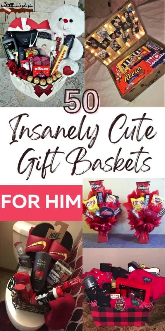 the top ten gift baskets for him and her are in this collage with text that reads 50 insannely cute gift baskets for him