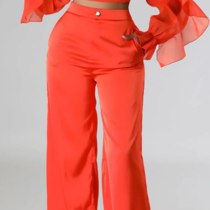 Satin Two-Piece Orange Pant Set, Gold Button Detail On Pants Spring Night Out Bottoms With Button Closure, Trendy Spring Wide Leg Pants With Buttons, Chic Wide Leg Pants With Button Cuffs For Spring, Trendy Wide Leg Pants With Buttons For Spring, Spring Party Bottoms With Buttons, Spring Chic Long Pants Set, Casual Party Bottoms With Buttons, Chic High Waist Sets With Pockets, Spring Party Bottoms With Button Closure