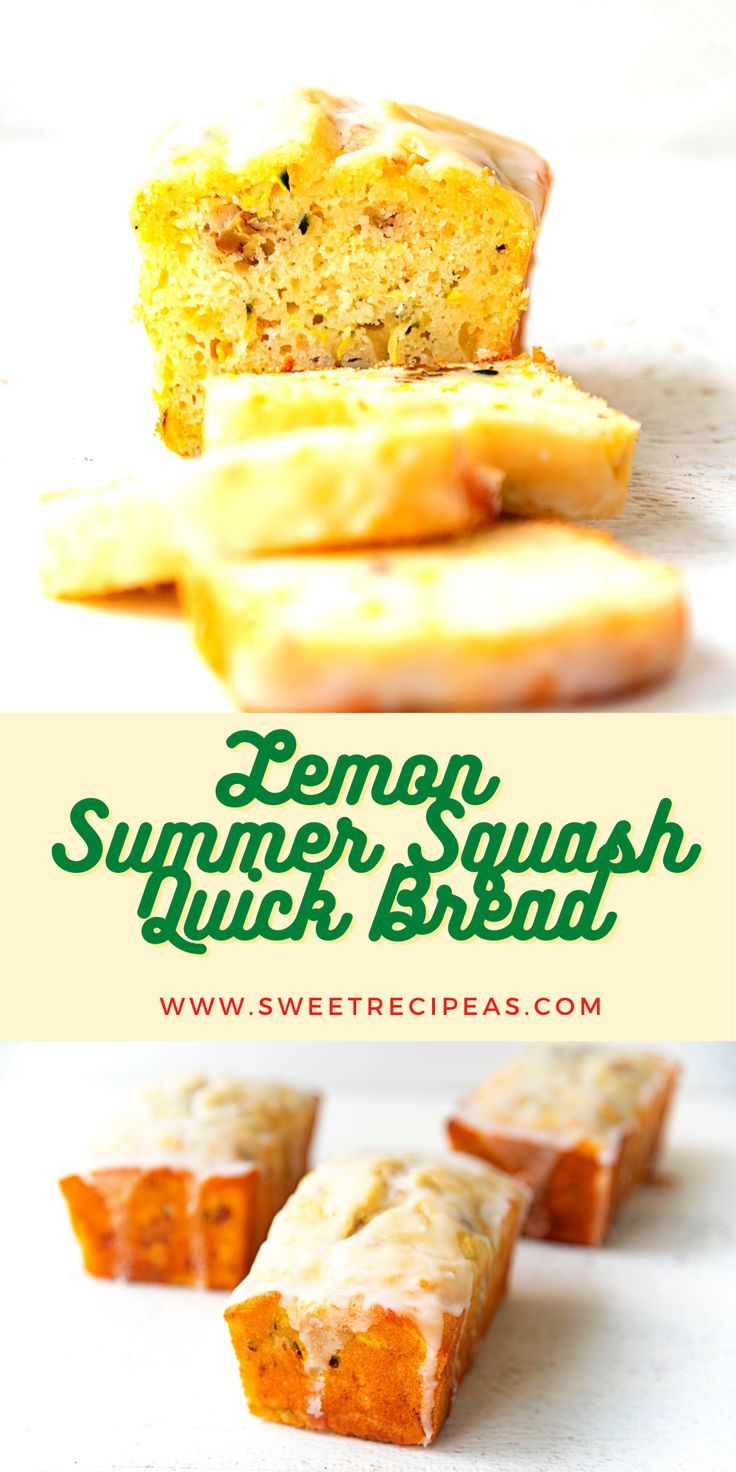 lemon and sugary quick bread is cut in half on a white surface with green lettering