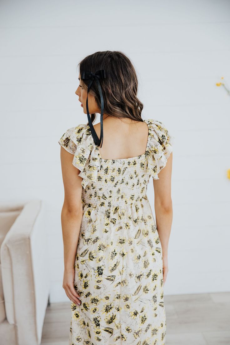 Midi length dress with ruffle hem, natural waistline and flutter sleeve and neckline. FINAL SALE- Not eligible for refund or exchange Dresses For Spring, Dress With Ruffle Hem, Dresses 2024, April 2024, Midi Length Dress, Top Sales, New Arrival Dress, New Instagram, Modest Dresses