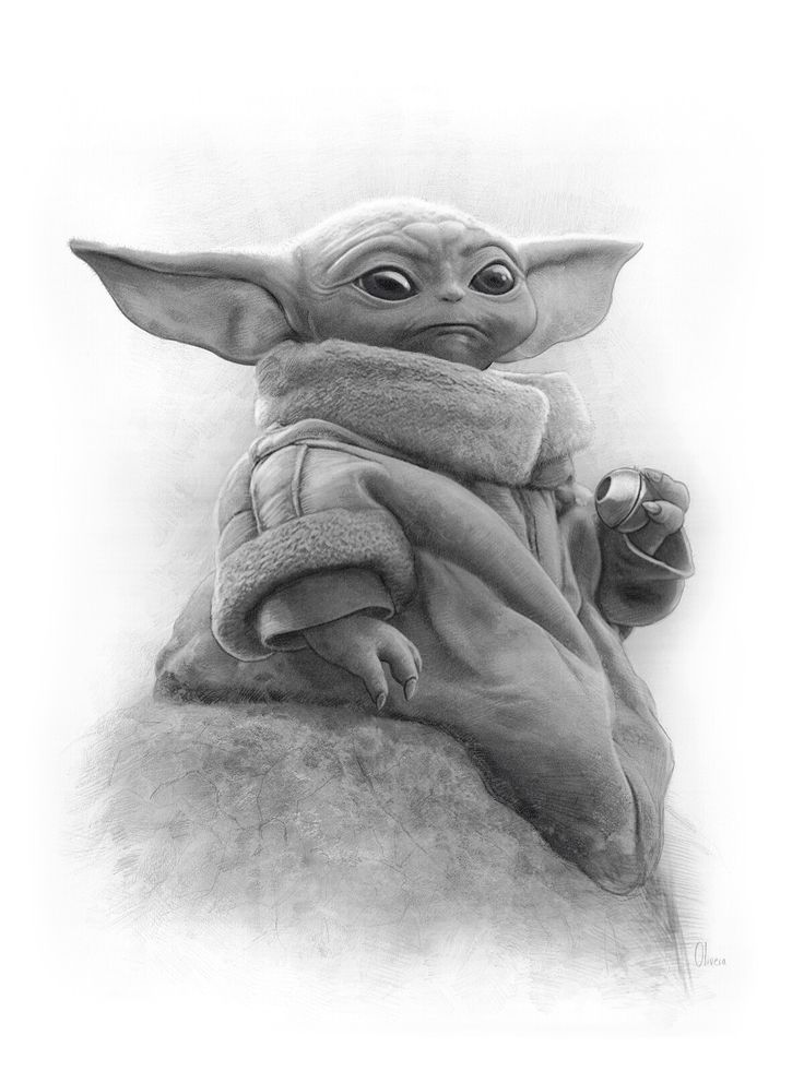 a pencil drawing of baby yoda holding an object