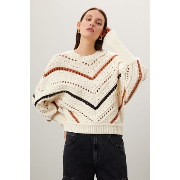 Off-white knit (70% Cotton, 30% Nylon). Sweater. Long sleeves. Crewneck. Pull on. 21" from shoulder to hemline. Imported. Double Cream, Leather Jeans, Sweater Collection, Chevron Stripe, Jeans Online, Lifestyle Clothing, Sweaters Crewneck, Joes Jeans, Premium Denim