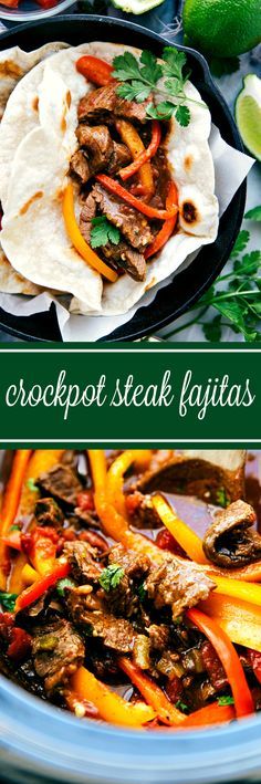 two pictures with different types of food in them and the words crockpot steak fajitas