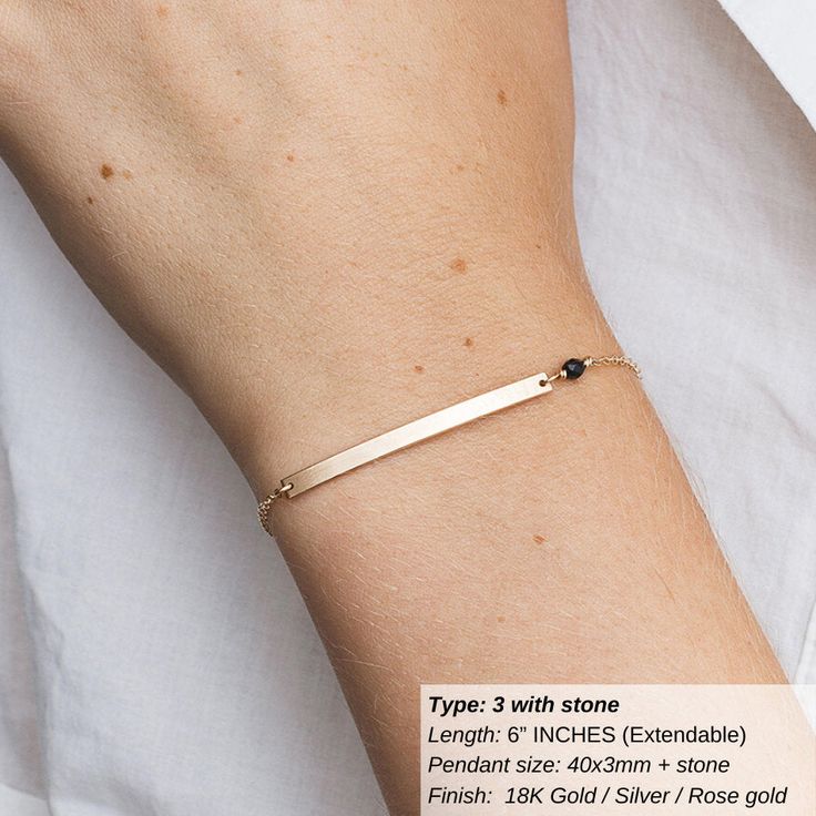 DAINTY ENGRAVABLE BAR BRACELET Our Personalized Bar Bracelet with custom phrase offers the soft, dainty and beautiful gleam with one of the most popular jewelry styles today’s designers have to offer. The look begins with a horizontal bar pendant which you can choose from 3 types. Looks good alone or stacked. CHARACTER LIMIT Maximum characters limit: 10 ITEM SPECIFICATIONS • Material: High Quality Solid 925 Sterling Silver• Finish: 925 Sterling Silver ∙ 18K Gold ∙ Rose Gold• Dimensions: Length 6 Custom Text Adjustable Jewelry, Elegant Gold Jewelry With Custom Text, Adjustable Custom Text Jewelry For Everyday Wear, Minimalist Jewelry With Custom Text For Gift, Adjustable Everyday Jewelry With Custom Text, Minimalist Custom Text Jewelry For Gift, Minimalist Custom Text Jewelry Gift, Minimalist Jewelry With Custom Text For Anniversary, Custom Name Minimalist Chain Bracelet As Personalized Gift