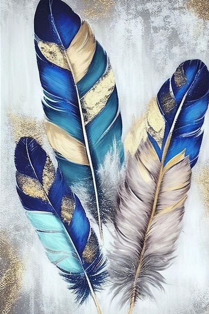 three blue and white feathers with gold flecks on a gray background, one is painted