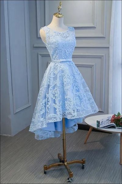 SSR078,blue sleeveless jewel applique high-low lace homecoming dress · SheSheRose · Online Store Powered by Storenvy Middle School Homecoming Dresses Knee Length, Grad Dresses Grade 8, Grade 8 Grad Dresses, Cute Prom Dress, High Low Party Dresses, Confirmation Dresses, Prom Dress Black, Homecoming Dress Short, Cute Dresses For Party