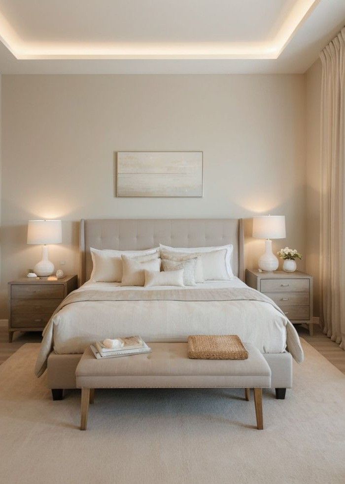 a large white bed sitting in a bedroom next to two lamps