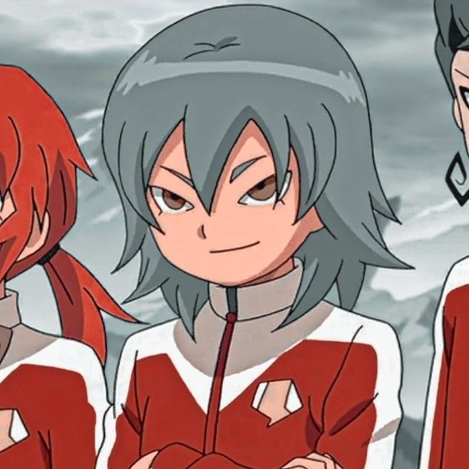 three anime characters standing next to each other in front of a cloudy sky with red and white hair