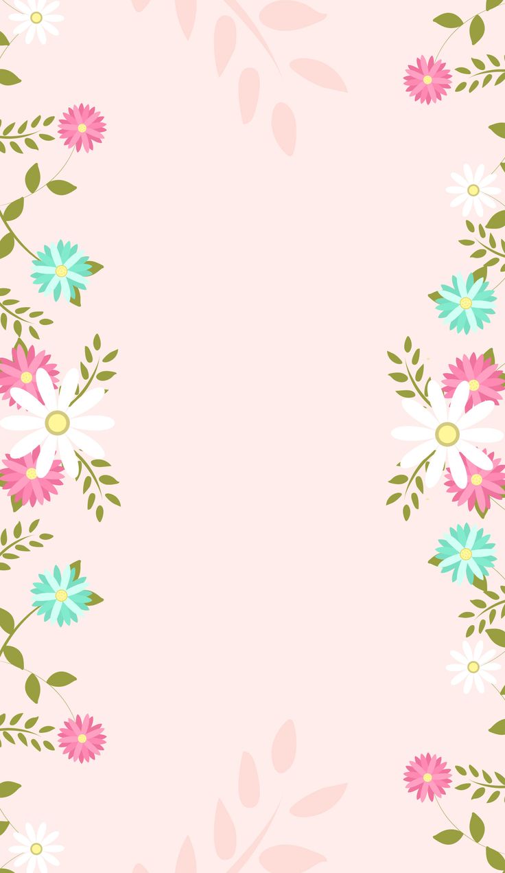 a pink background with white and blue flowers on the bottom right corner, and green leaves in the middle