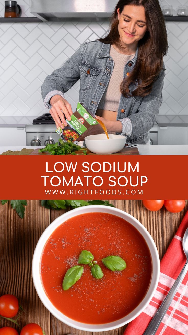 a woman is preparing tomato soup in the kitchen