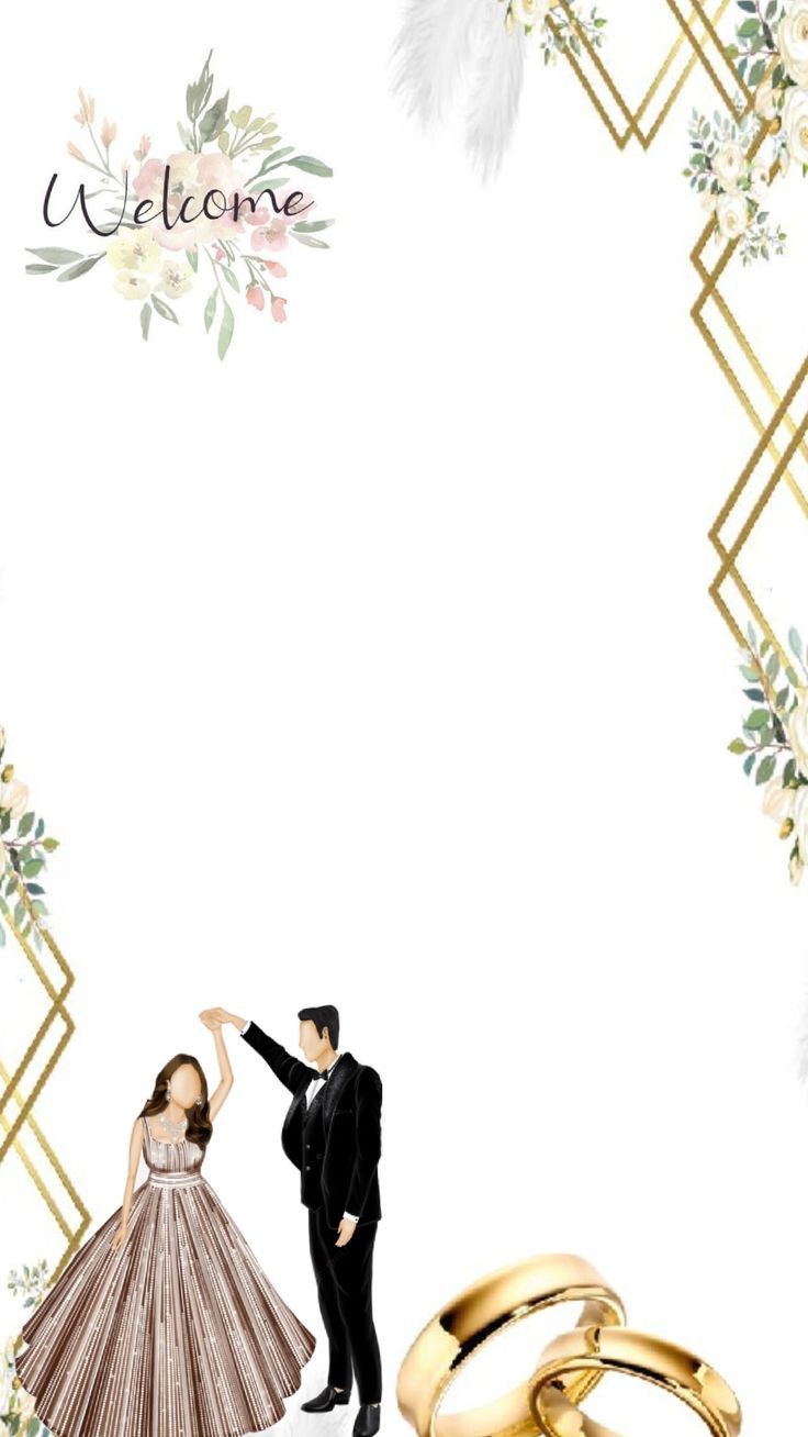 a wedding card with two gold rings and an image of a bride and groom in formal wear