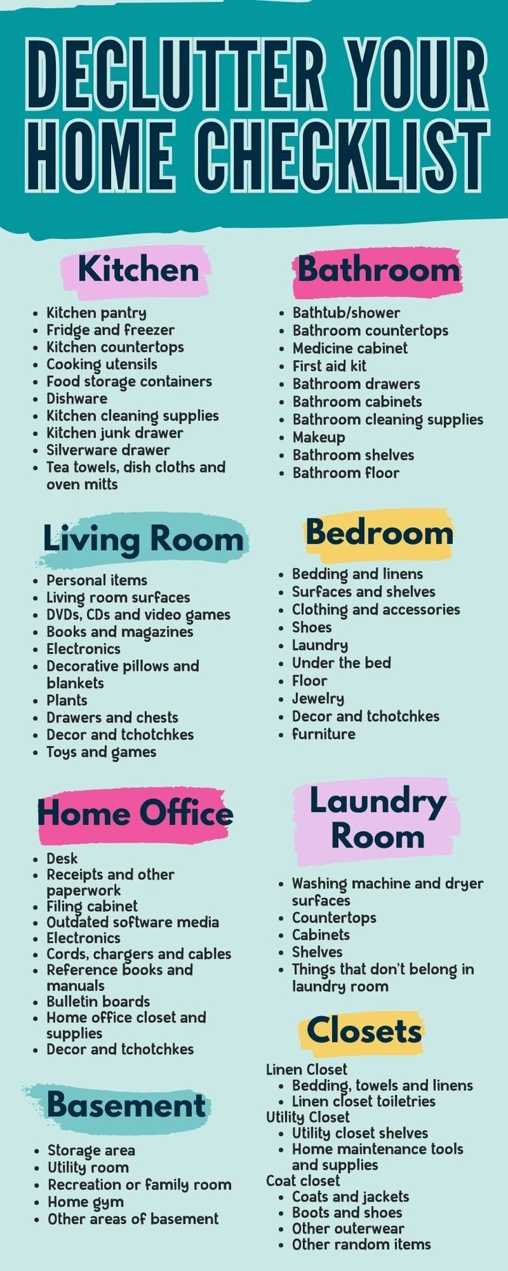 a blue and pink poster with the words, declutter your home checklist