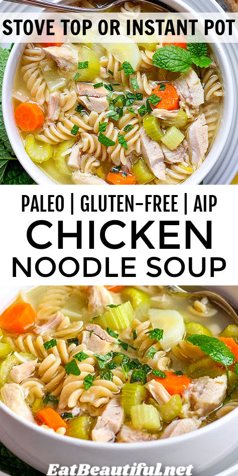 chicken noodle soup in a white bowl with text overlay